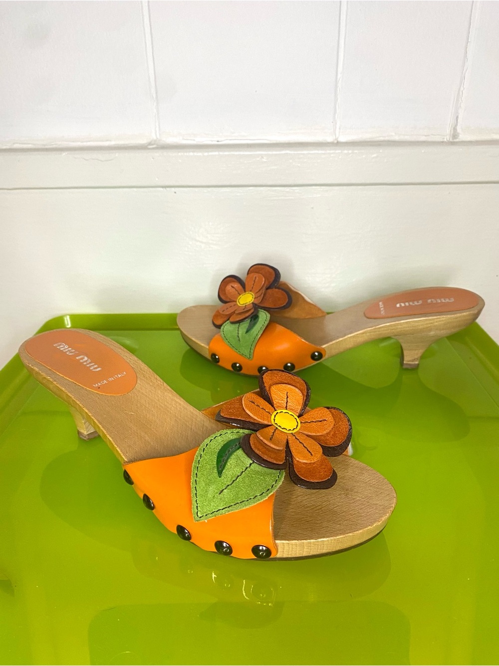 Miu Miu Orange Floral Appliqué Leather wooden kitten heel sandals - Picture 1 of 9